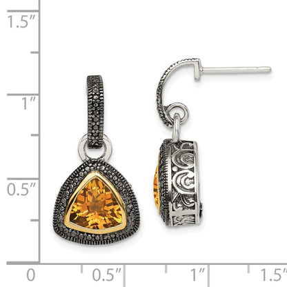 14K/Silver Two Tone Shey Couture Sterling Silver With 14K Accent Antiqued Trillion Bezel Citrine Dangle Earrings