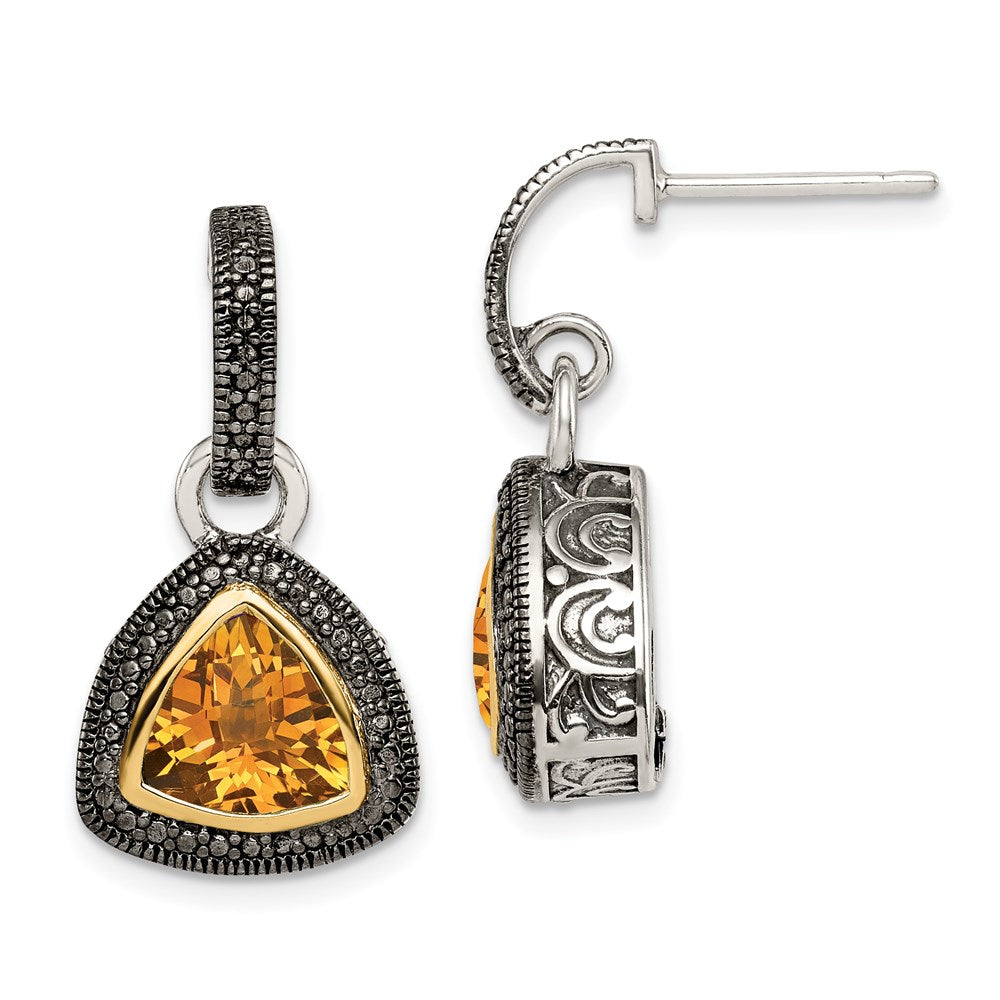 14K/Silver Two Tone Shey Couture Sterling Silver With 14K Accent Antiqued Trillion Bezel Citrine Dangle Earrings