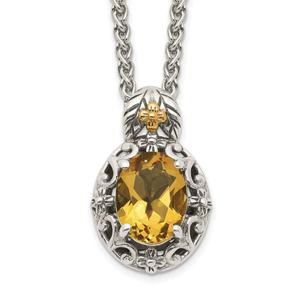 14K/Silver Two Tone Shey Couture Sterling Silver With 14K Accent 18 Inch Antiqued Oval Citrine Necklace