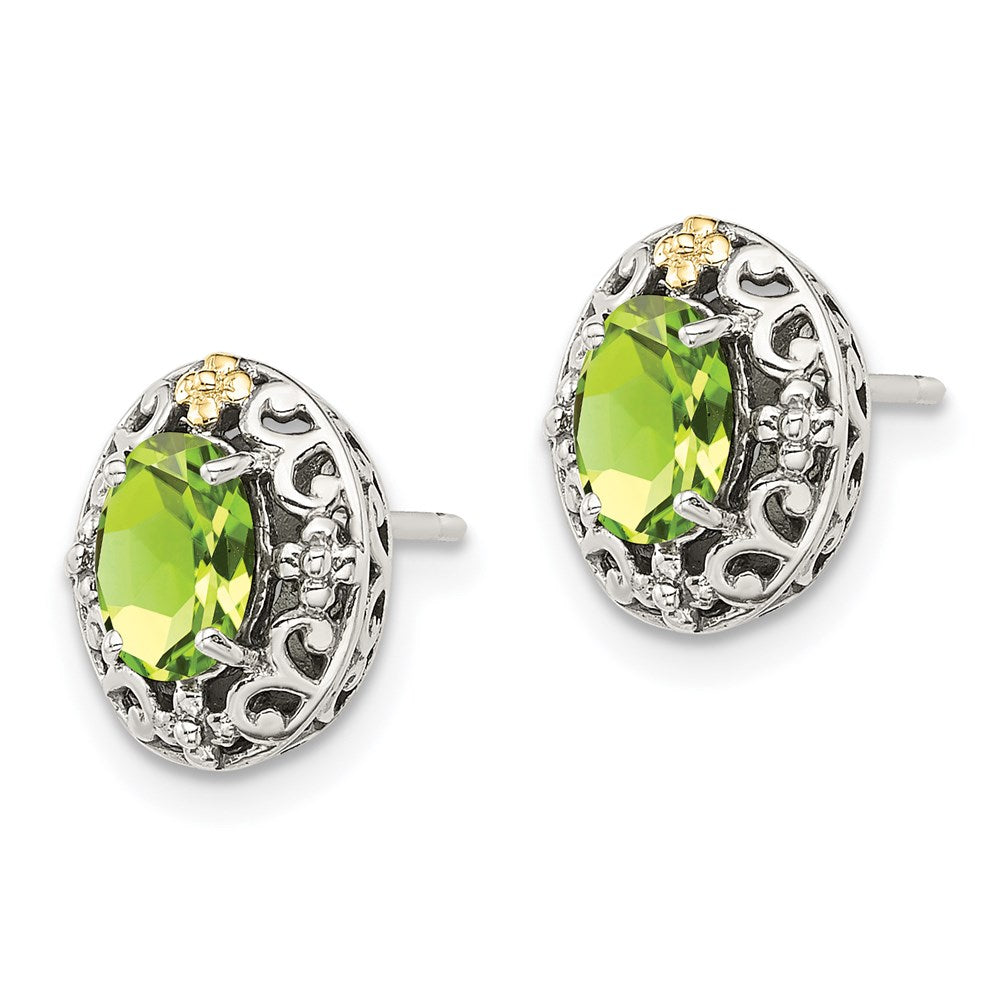 14K/Silver Two Tone Shey Couture Sterling Silver With 14K Accent Antiqued Oval Peridot Post Earrings