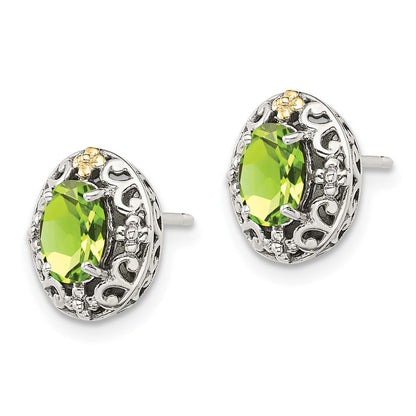 14K/Silver Two Tone Shey Couture Sterling Silver With 14K Accent Antiqued Oval Peridot Post Earrings