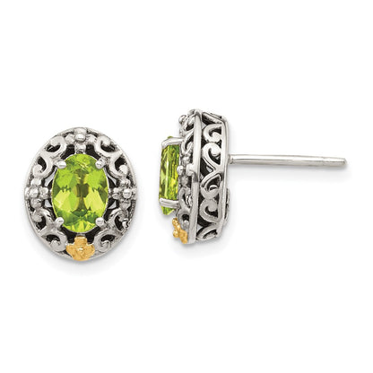 14K/Silver Two Tone Shey Couture Sterling Silver With 14K Accent Antiqued Oval Peridot Post Earrings