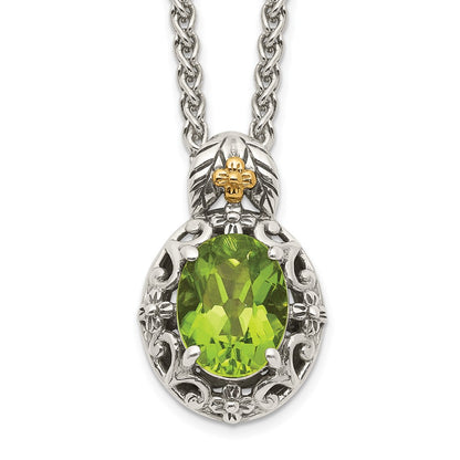 14K/Silver Two Tone Shey Couture Sterling Silver With 14K Accent 18 Inch Antiqued Oval Peridot Necklace