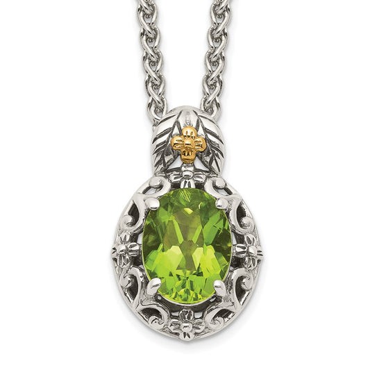 14K/Silver Two Tone Shey Couture Sterling Silver With 14K Accent 18 Inch Antiqued Oval Peridot Necklace