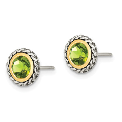 14K/Silver Two Tone Shey Couture Sterling Silver With 14K Accent Antiqued Round Bezel Peridot Post Earrings