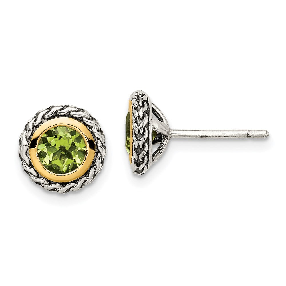 14K/Silver Two Tone Shey Couture Sterling Silver With 14K Accent Antiqued Round Bezel Peridot Post Earrings