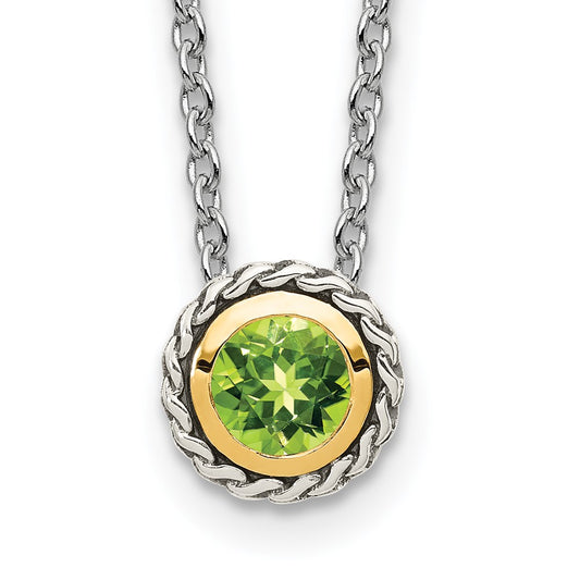 14K/Silver Two Tone Shey Couture Sterling Silver With 14K Accent 18 Inch Antiqued Round Bezel Peridot Necklace