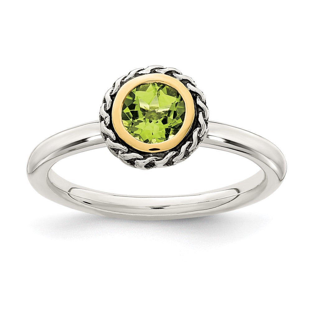 14K/Silver Two Tone Shey Couture Sterling Silver With 14K Accent Antiqued Round Bezel Peridot Ring