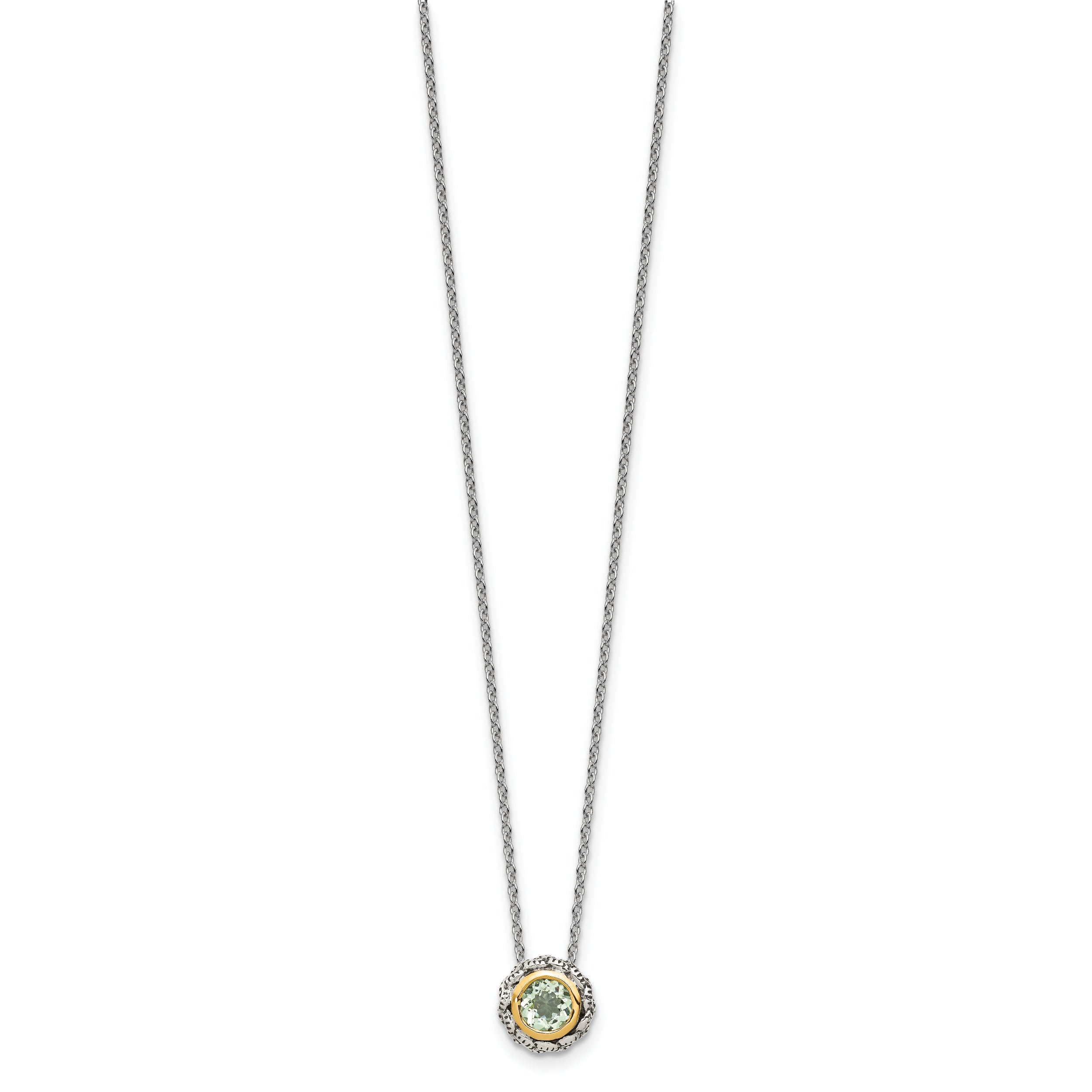 14K/Silver Two Tone Shey Couture Sterling Silver With 14K Accent 18 Inch Antiqued Round Bezel Green Quartz Necklace