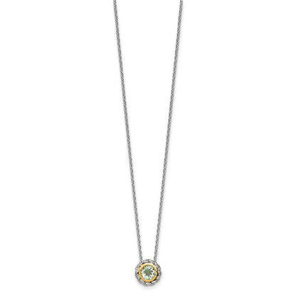 14K/Silver Two Tone Shey Couture Sterling Silver With 14K Accent 18 Inch Antiqued Round Bezel Green Quartz Necklace