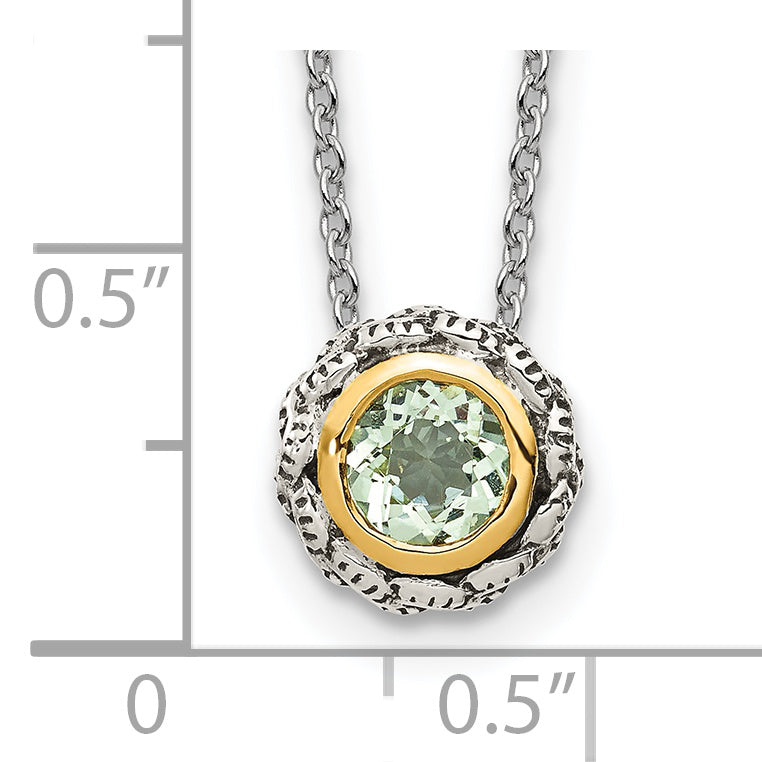 14K/Silver Two Tone Shey Couture Sterling Silver With 14K Accent 18 Inch Antiqued Round Bezel Green Quartz Necklace