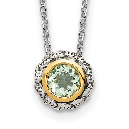 14K/Silver Two Tone Shey Couture Sterling Silver With 14K Accent 18 Inch Antiqued Round Bezel Green Quartz Necklace
