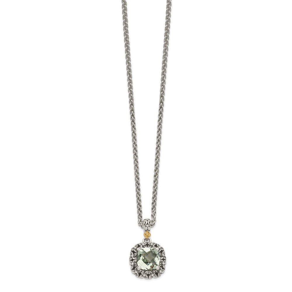 14K/Silver Two Tone Shey Couture Sterling Silver With 14K Accent 18 Inch Antiqued Cushion Green Quartz Necklace