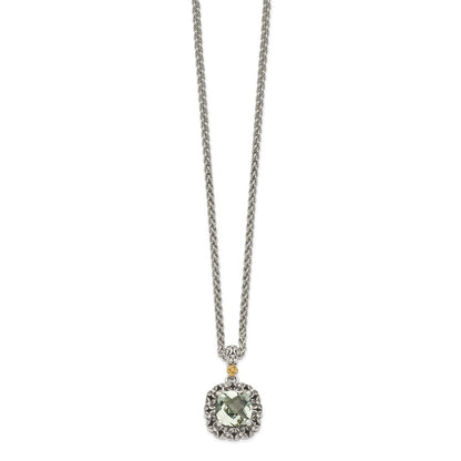 14K/Silver Two Tone Shey Couture Sterling Silver With 14K Accent 18 Inch Antiqued Cushion Green Quartz Necklace