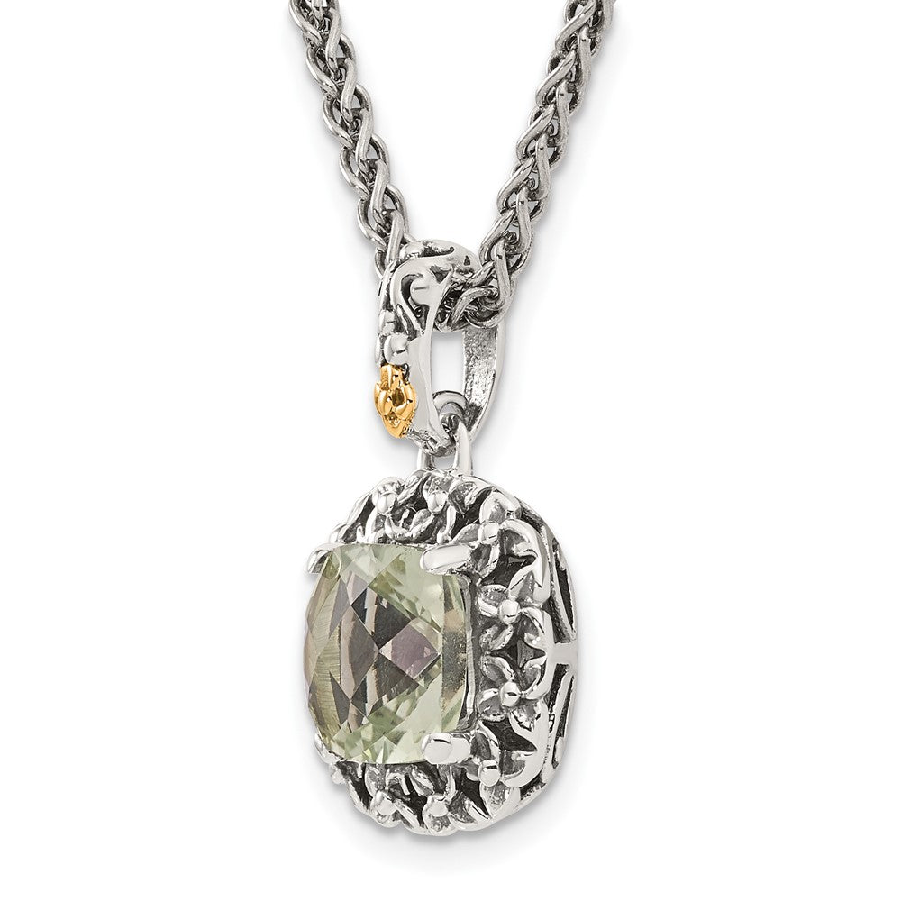 14K/Silver Two Tone Shey Couture Sterling Silver With 14K Accent 18 Inch Antiqued Cushion Green Quartz Necklace