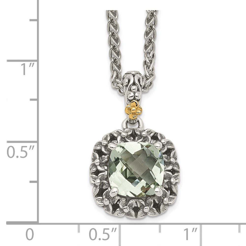 14K/Silver Two Tone Shey Couture Sterling Silver With 14K Accent 18 Inch Antiqued Cushion Green Quartz Necklace