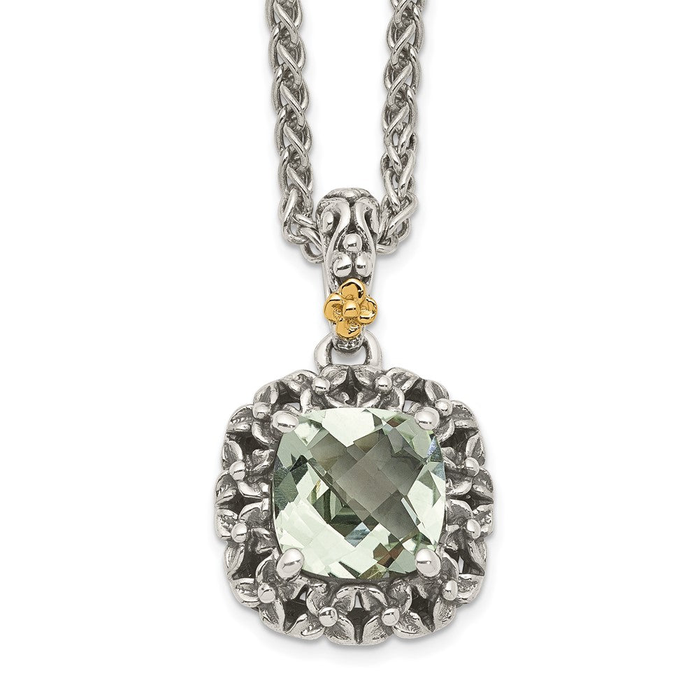 14K/Silver Two Tone Shey Couture Sterling Silver With 14K Accent 18 Inch Antiqued Cushion Green Quartz Necklace