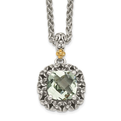 14K/Silver Two Tone Shey Couture Sterling Silver With 14K Accent 18 Inch Antiqued Cushion Green Quartz Necklace
