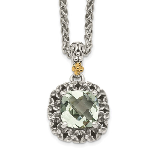 14K/Silver Two Tone Shey Couture Sterling Silver With 14K Accent 18 Inch Antiqued Cushion Green Quartz Necklace