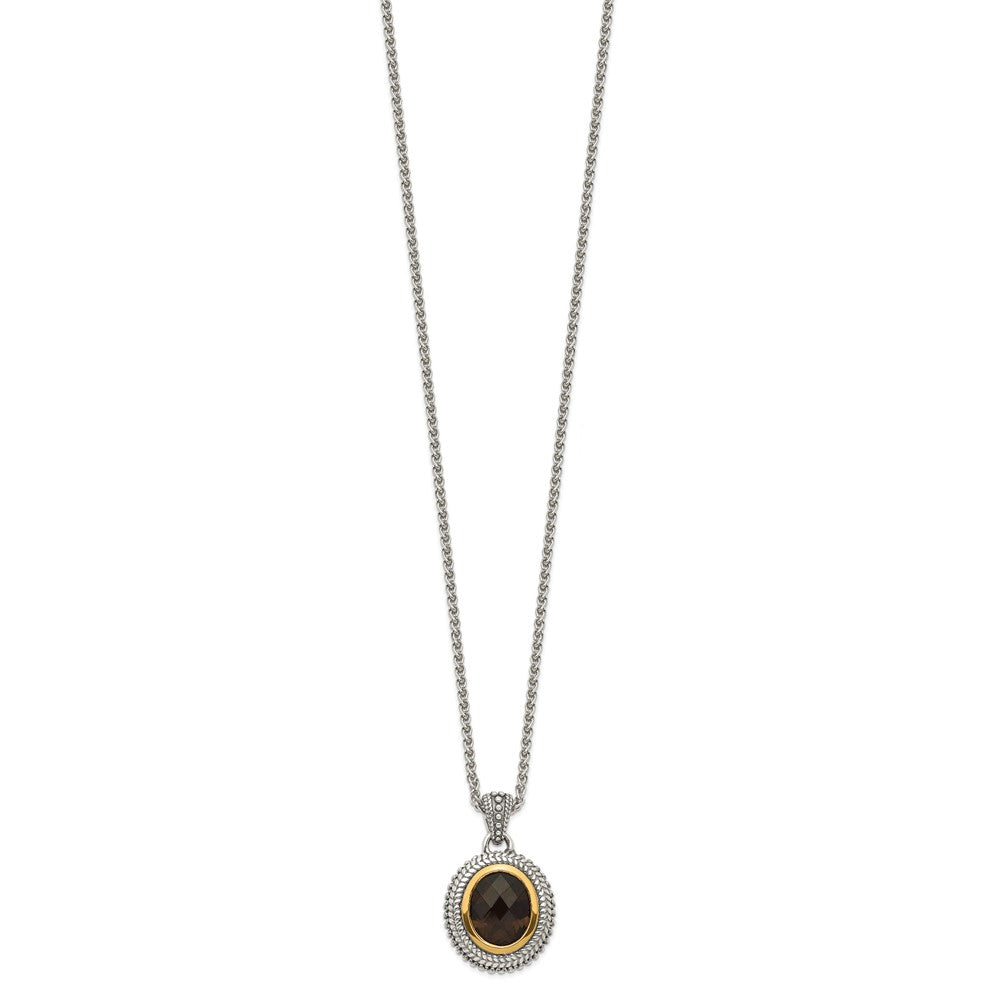 14K/Silver Two Tone Shey Couture Sterling Silver With 14K Accent 18 Inch Antiqued Oval Bezel Smoky Quartz Necklace