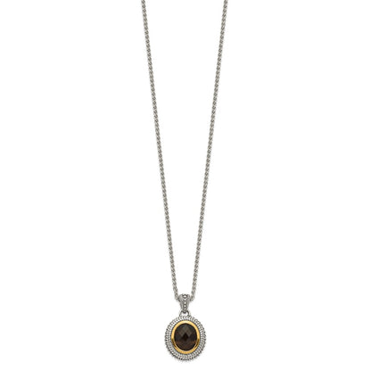 14K/Silver Two Tone Shey Couture Sterling Silver With 14K Accent 18 Inch Antiqued Oval Bezel Smoky Quartz Necklace