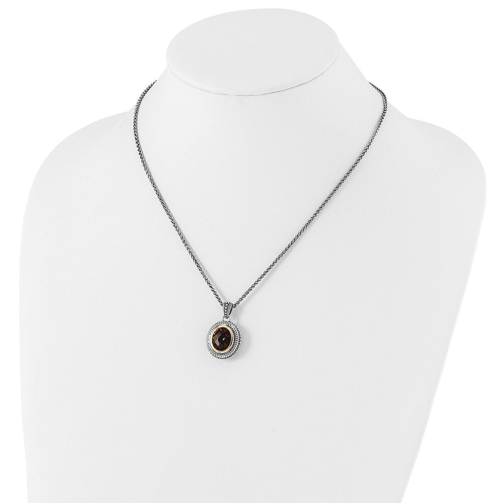 14K/Silver Two Tone Shey Couture Sterling Silver With 14K Accent 18 Inch Antiqued Oval Bezel Smoky Quartz Necklace