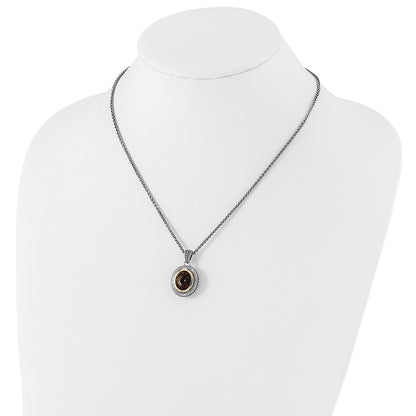 14K/Silver Two Tone Shey Couture Sterling Silver With 14K Accent 18 Inch Antiqued Oval Bezel Smoky Quartz Necklace