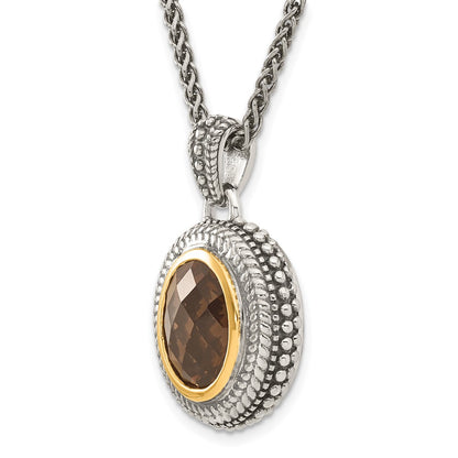14K/Silver Two Tone Shey Couture Sterling Silver With 14K Accent 18 Inch Antiqued Oval Bezel Smoky Quartz Necklace