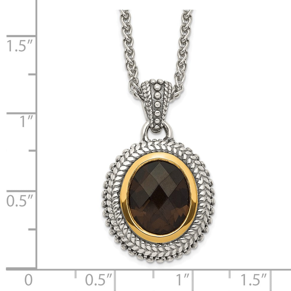 14K/Silver Two Tone Shey Couture Sterling Silver With 14K Accent 18 Inch Antiqued Oval Bezel Smoky Quartz Necklace