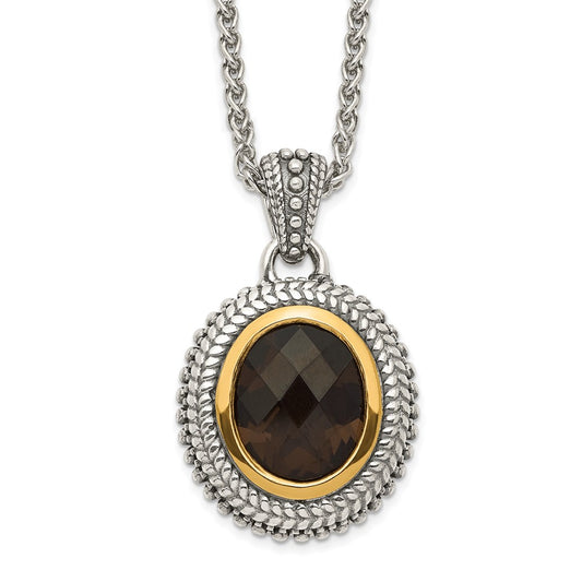 14K/Silver Two Tone Shey Couture Sterling Silver With 14K Accent 18 Inch Antiqued Oval Bezel Smoky Quartz Necklace