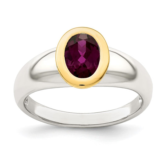14K/Silver Two Tone Shey Couture Sterling Silver Rhodium Plated With 14K Accent Oval Bezel Rhodolite Garnet Ring