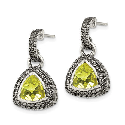 14K/Silver Two Tone Shey Couture Sterling Silver With 14K Accent Antiqued Trillion Bezel Lemon Quartz Dangle Earrings