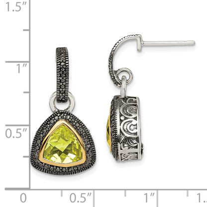 14K/Silver Two Tone Shey Couture Sterling Silver With 14K Accent Antiqued Trillion Bezel Lemon Quartz Dangle Earrings