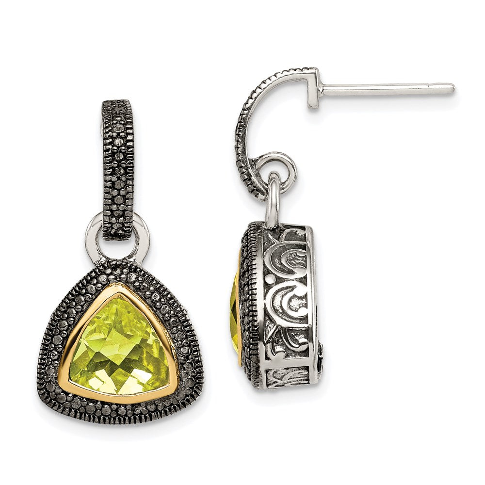 14K/Silver Two Tone Shey Couture Sterling Silver With 14K Accent Antiqued Trillion Bezel Lemon Quartz Dangle Earrings