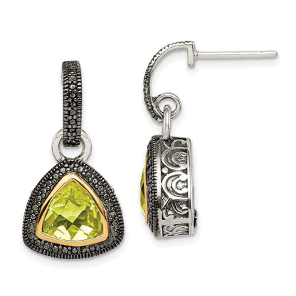 14K/Silver Two Tone Shey Couture Sterling Silver With 14K Accent Antiqued Trillion Bezel Lemon Quartz Dangle Earrings