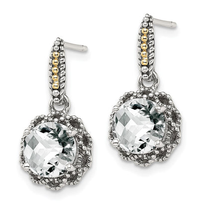 14K/Silver Two Tone Shey Couture Sterling Silver With 14K Accent Antiqued Round White Topaz Dangle Post Earrings