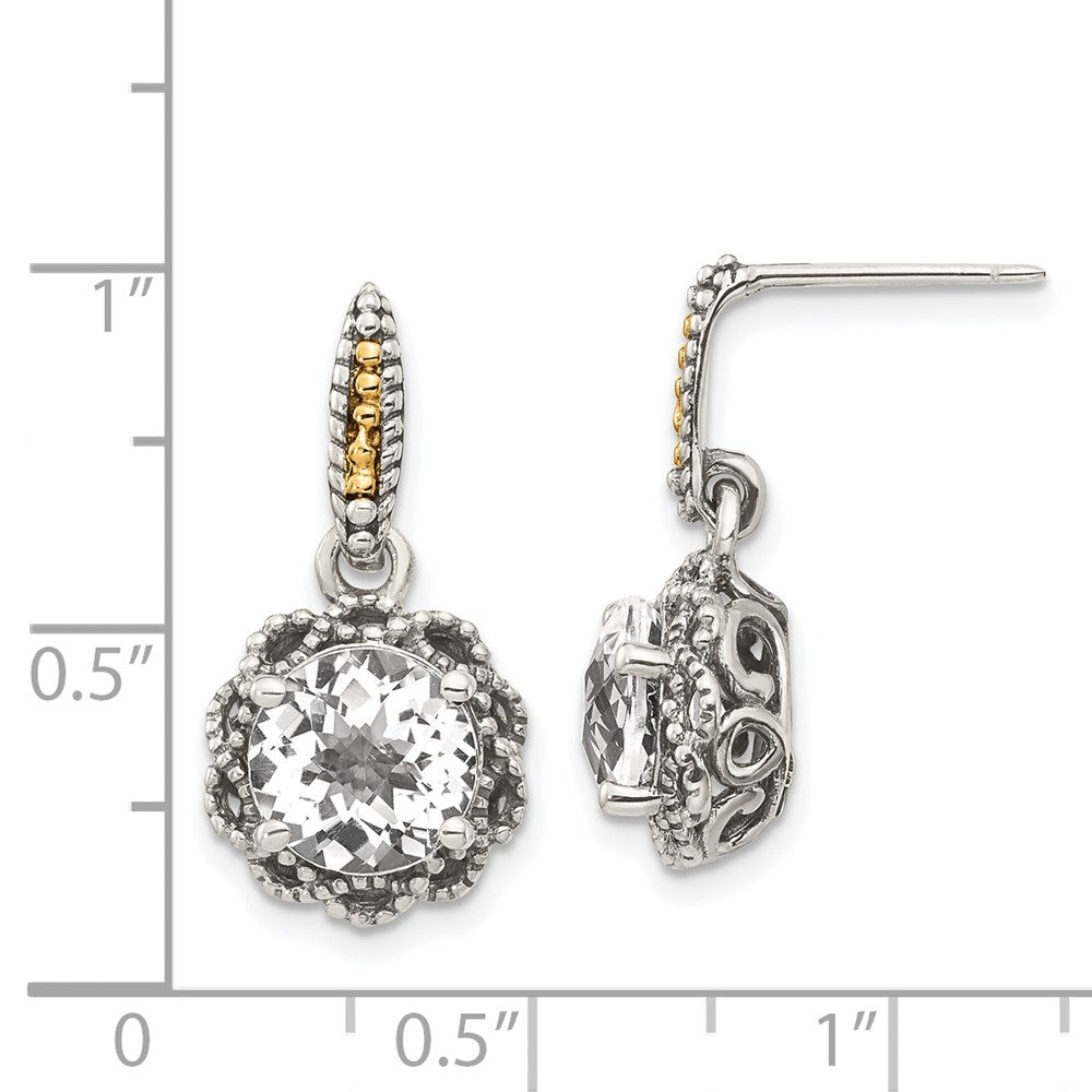 14K/Silver Two Tone Shey Couture Sterling Silver With 14K Accent Antiqued Round White Topaz Dangle Post Earrings