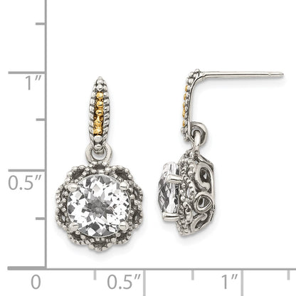 14K/Silver Two Tone Shey Couture Sterling Silver With 14K Accent Antiqued Round White Topaz Dangle Post Earrings