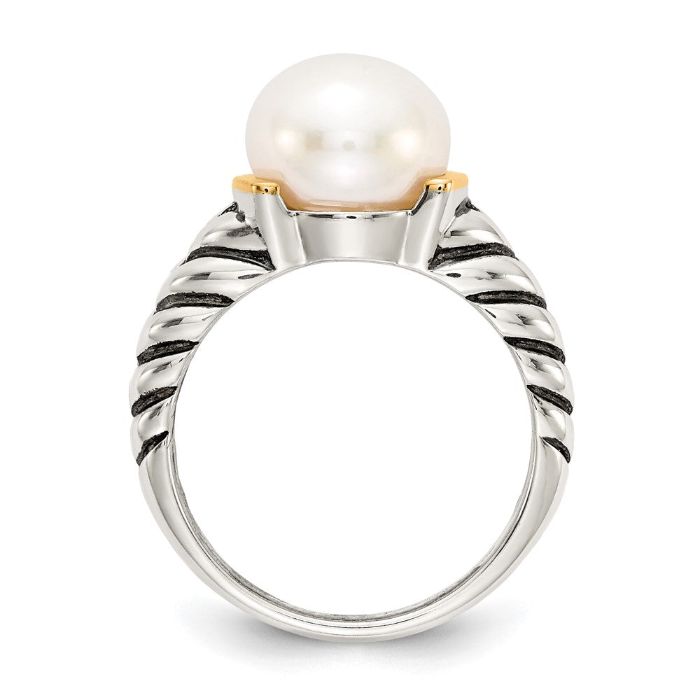 14K/Silver Two Tone Shey Couture Sterling Silver With 14K Accent Antiqued 10mm Button Freshwater Cultured Pearl Ring