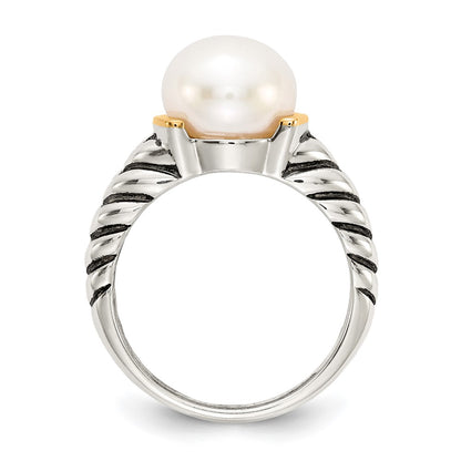 14K/Silver Two Tone Shey Couture Sterling Silver With 14K Accent Antiqued 10mm Button Freshwater Cultured Pearl Ring
