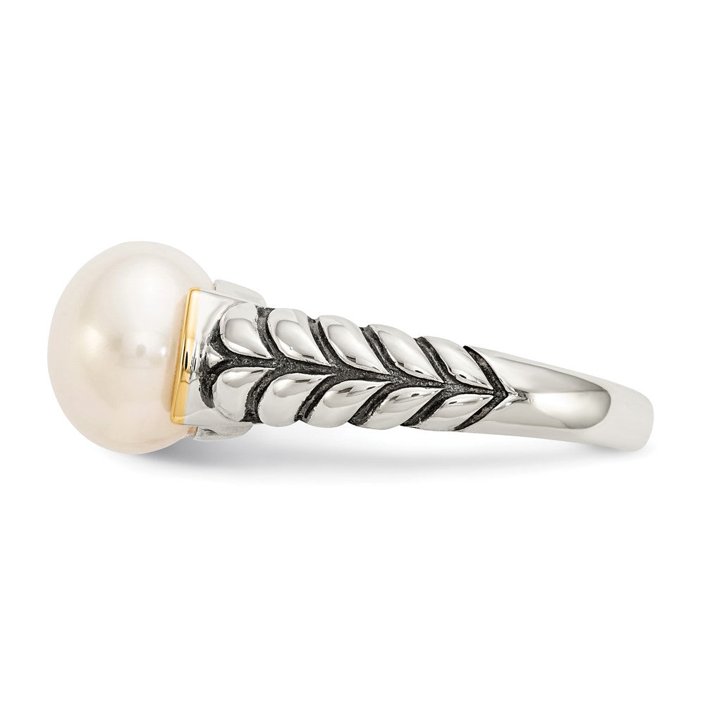14K/Silver Two Tone Shey Couture Sterling Silver With 14K Accent Antiqued 10mm Button Freshwater Cultured Pearl Ring