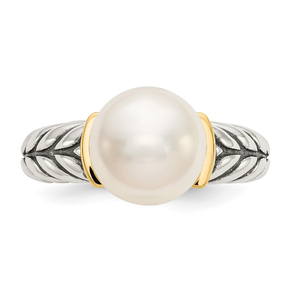 14K/Silver Two Tone Shey Couture Sterling Silver With 14K Accent Antiqued 10mm Button Freshwater Cultured Pearl Ring