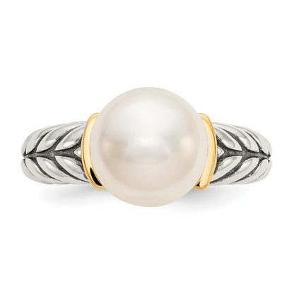 14K/Silver Two Tone Shey Couture Sterling Silver With 14K Accent Antiqued 10mm Button Freshwater Cultured Pearl Ring