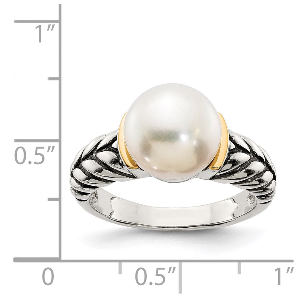 14K/Silver Two Tone Shey Couture Sterling Silver With 14K Accent Antiqued 10mm Button Freshwater Cultured Pearl Ring