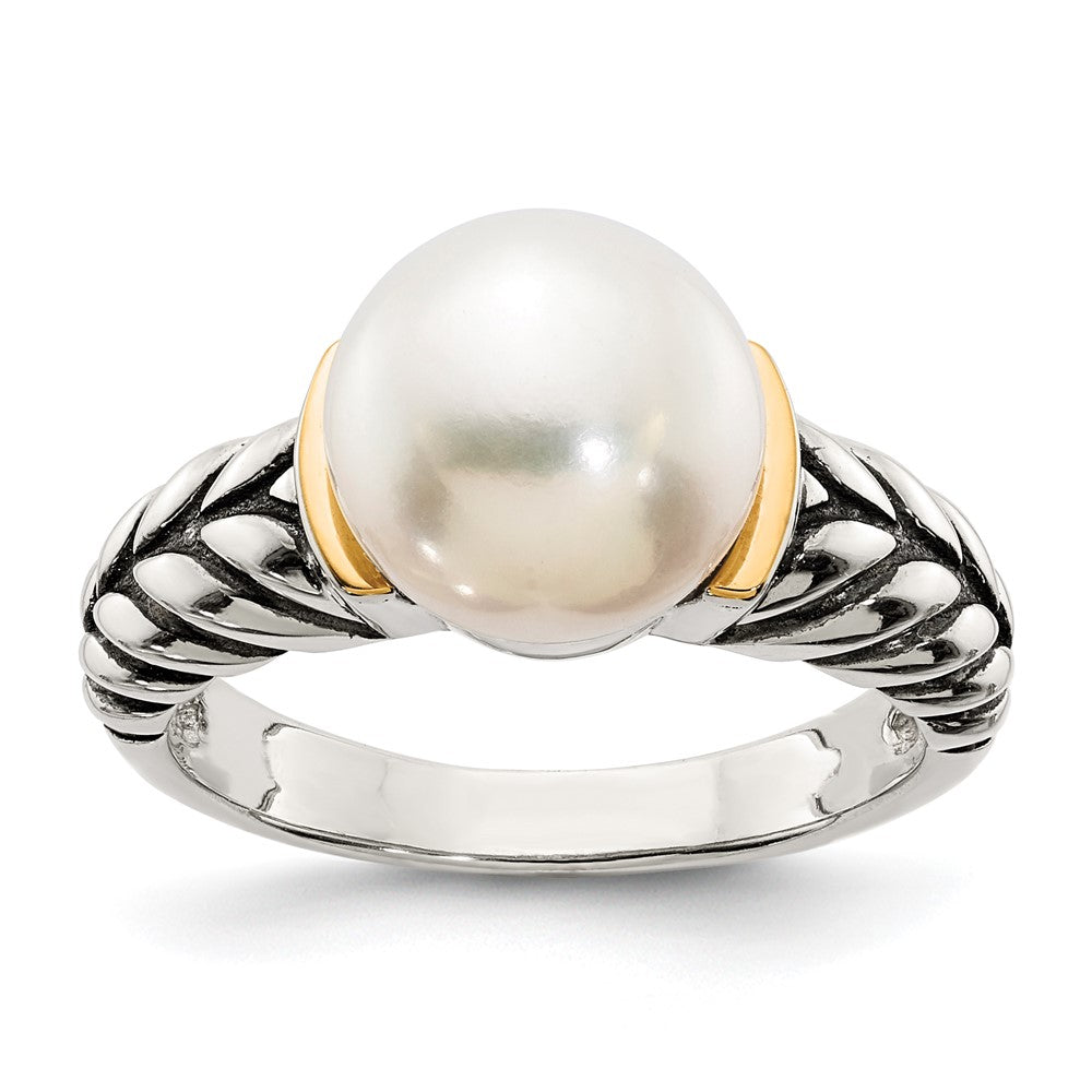 14K/Silver Two Tone Shey Couture Sterling Silver With 14K Accent Antiqued 10mm Button Freshwater Cultured Pearl Ring