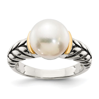 14K/Silver Two Tone Shey Couture Sterling Silver With 14K Accent Antiqued 10mm Button Freshwater Cultured Pearl Ring