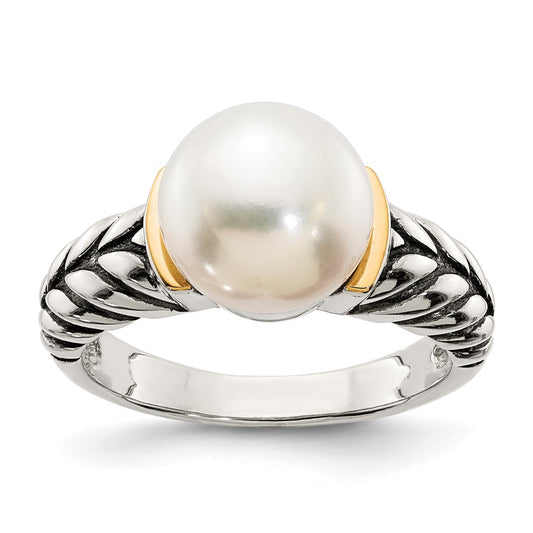 14K/Silver Two Tone Shey Couture Sterling Silver With 14K Accent Antiqued 10mm Button Freshwater Cultured Pearl Ring