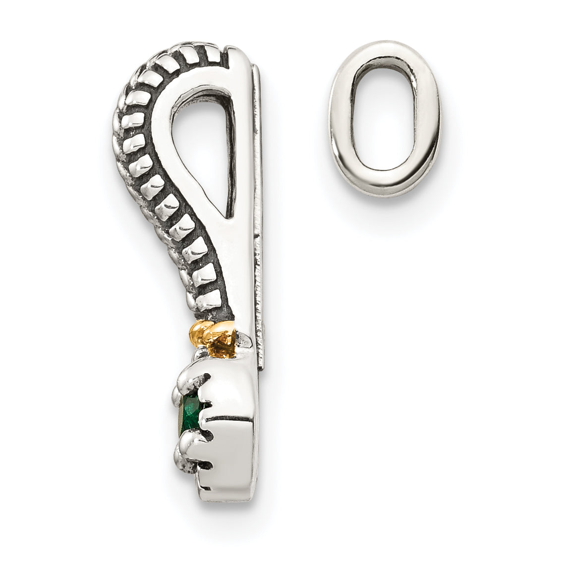 14K/Silver Two Tone Shey Couture Sterling Silver Antiqued With 14K Accent Polished Created Emerald Chain Slide Pendant