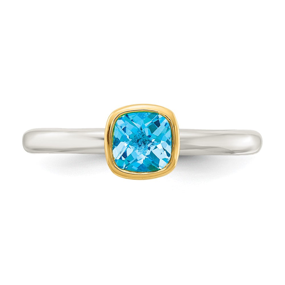 14K/Silver Two Tone Shey Couture Sterling Silver Rhodium Plated With 14K Accent Polished Cushion Cut Light Swiss Blue Topaz Ring