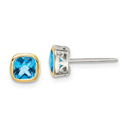14K/Silver Two Tone Shey Couture Sterling Silver Rhodium Plated With 14K Accent Light Swiss Blue Topaz Square Stud Earrings
